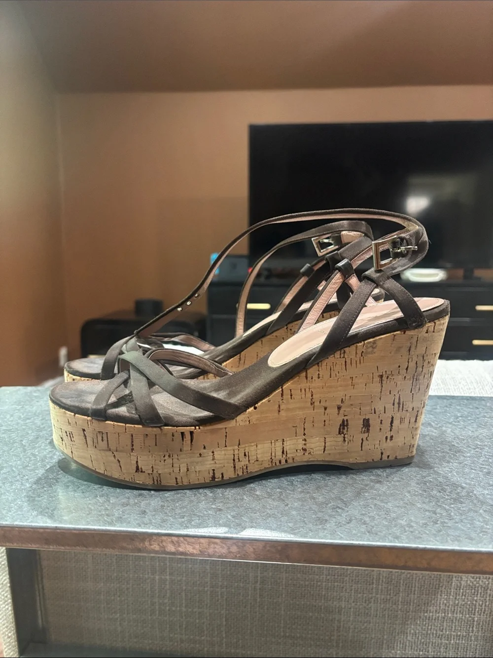 Womens Prada Brown Cork Wedge Sandals - Platform Strappy Heels